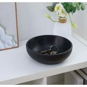 Modern Charcoal Black Fruit Bowl for Kitchen Counter- Large Concrete Aesthetic Fluted Decorative Bowl - Decorative Bowls for Home Decor- Modern Moss & Potpourri Bowl- Key Bowl for Entryway Table Decor