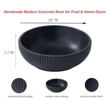 Modern Charcoal Black Fruit Bowl for Kitchen Counter- Large Concrete Aesthetic Fluted Decorative Bowl - Decorative Bowls for Home Decor- Modern Moss & Potpourri Bowl- Key Bowl for Entryway Table Decor