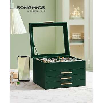 SONGMICS Jewelry Box with Glass Lid, 4-Layer Jewelry Organizer, 3 Drawers, for Big and Small Jewelry, Jewelry Storage, Modern Style, 8 x 9.1 x 6.5 Inches, Forest Green and Gold Color UJBC173C01