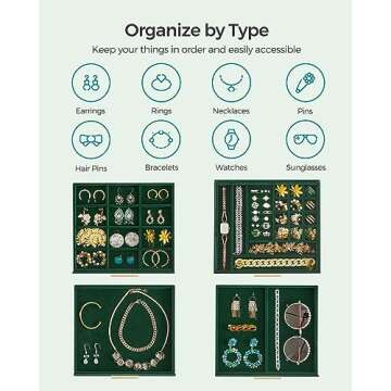 SONGMICS Jewelry Box with Glass Lid, 4-Layer Jewelry Organizer, 3 Drawers, for Big and Small Jewelry, Jewelry Storage, Modern Style, 8 x 9.1 x 6.5 Inches, Forest Green and Gold Color UJBC173C01