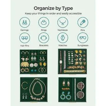 SONGMICS Jewelry Box with Glass Lid, 4-Layer Jewelry Organizer, 3 Drawers, for Big and Small Jewelry, Jewelry Storage, Modern Style, 8 x 9.1 x 6.5 Inches, Forest Green and Gold Color UJBC173C01