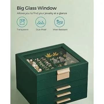 SONGMICS Jewelry Box with Glass Lid, 4-Layer Jewelry Organizer, 3 Drawers, for Big and Small Jewelry, Jewelry Storage, Modern Style, 8 x 9.1 x 6.5 Inches, Forest Green and Gold Color UJBC173C01