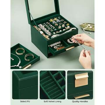 SONGMICS Jewelry Box with Glass Lid, 4-Layer Jewelry Organizer, 3 Drawers, for Big and Small Jewelry, Jewelry Storage, Modern Style, 8 x 9.1 x 6.5 Inches, Forest Green and Gold Color UJBC173C01