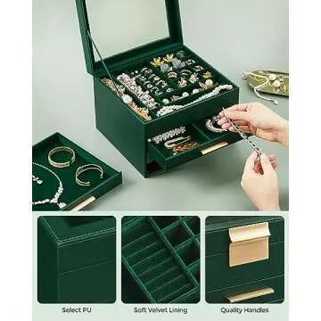 SONGMICS Jewelry Box with Glass Lid, 4-Layer Jewelry Organizer, 3 Drawers, for Big and Small Jewelry, Jewelry Storage, Modern Style, 8 x 9.1 x 6.5 Inches, Forest Green and Gold Color UJBC173C01