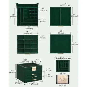 SONGMICS Jewelry Box with Glass Lid, 4-Layer Jewelry Organizer, 3 Drawers, for Big and Small Jewelry, Jewelry Storage, Modern Style, 8 x 9.1 x 6.5 Inches, Forest Green and Gold Color UJBC173C01