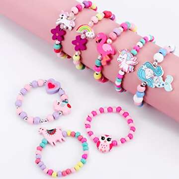 G.C 12 Pcs Girls Bracelets Jewelry for Kids Cute Unicorn Mermaid Animal Pendant Colorful Wooden Beaded Bracelets Princess Pretend Play Gifts for Toddlers