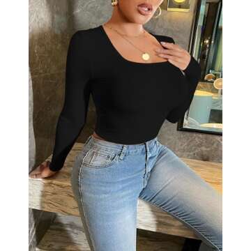 Ekouaer Women's Stylish Long Sleeve Square Neck Top