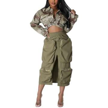 Cargo Skirt Women Elastic High Waist Front Split Loose Casual Y2K Midi Skirt with Pockets
