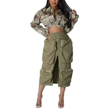Cargo Skirt Women Elastic High Waist Front Split Loose Casual Y2K Midi Skirt with Pockets