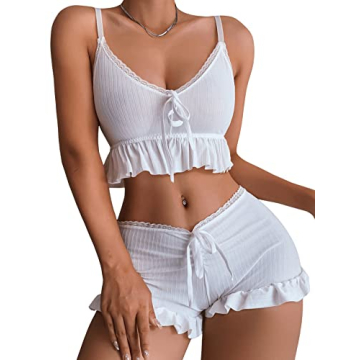 SweatyRocks Women's 2 Piece Lingerie Set - Stylish Ruffle Trim Cami and Shorts Sleepwear