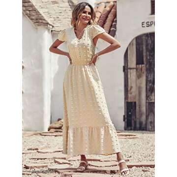 PRETTYGARDEN Womens Summer Dresses 2025 Casual Short Sleeve Swiss Dot Maxi Dress for Wedding Guest V Neck Flowy Long Dresses(Apricot, Small)
