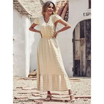 PRETTYGARDEN Womens Summer Dresses 2025 Casual Short Sleeve Swiss Dot Maxi Dress for Wedding Guest V Neck Flowy Long Dresses(Apricot, Small)