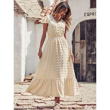 PRETTYGARDEN Womens Summer Dresses 2025 Casual Short Sleeve Swiss Dot Maxi Dress for Wedding Guest V Neck Flowy Long Dresses(Apricot, Small)