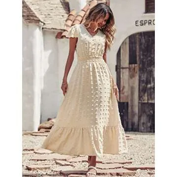 PRETTYGARDEN Womens Summer Dresses 2025 Casual Short Sleeve Swiss Dot Maxi Dress for Wedding Guest V Neck Flowy Long Dresses(Apricot, Small)