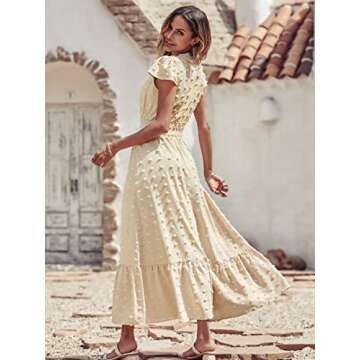 PRETTYGARDEN Womens Summer Dresses 2025 Casual Short Sleeve Swiss Dot Maxi Dress for Wedding Guest V Neck Flowy Long Dresses(Apricot, Small)