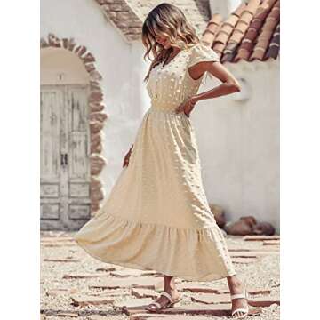 PRETTYGARDEN Womens Summer Dresses 2025 Casual Short Sleeve Swiss Dot Maxi Dress for Wedding Guest V Neck Flowy Long Dresses(Apricot, Small)