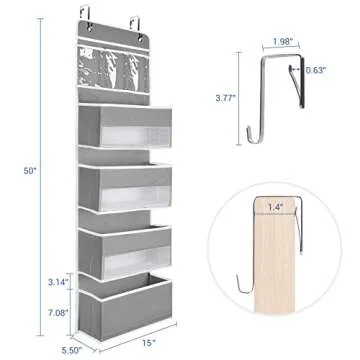 NesTidy Over The Door Organizer Storage, Wall Mount Hanging Organizer with 4 Large Capacity Pocket Organizers and 3 Small Pockets for Baby Essentials, Toys, Cosmetics, and Sundries (Grey, 1 Pack)
