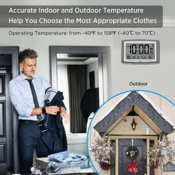 WallarGe Atomic Clock with Outdoor and Indoor Temperature - 12.5 Inch Self-Setting Digital Clock Large Display, Battery Operated Wall Clocks or Desk Clocks for Bedroom, Livingroom, Office