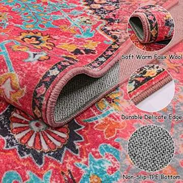 Wonnitar Boho Bathroom Rug,Washable 2x3 Small Bath Mat, Vintage Soft Kitchen Sink Mat, Non-Slip Floral Entry Way Rug, Low-Pile Indoor Accent Carpet for Bedside Entrance Laundry (Hot Pink,2'x3')