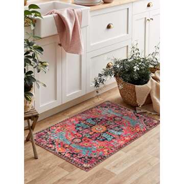 Wonnitar Boho Bathroom Rug,Washable 2x3 Small Bath Mat, Vintage Soft Kitchen Sink Mat, Non-Slip Floral Entry Way Rug, Low-Pile Indoor Accent Carpet for Bedside Entrance Laundry (Hot Pink,2'x3')