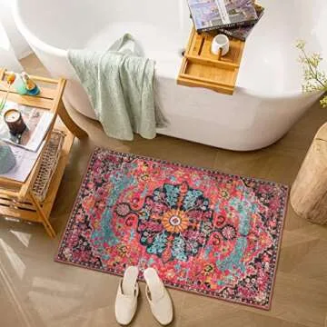 Wonnitar Boho Bathroom Rug,Washable 2x3 Small Bath Mat, Vintage Soft Kitchen Sink Mat, Non-Slip Floral Entry Way Rug, Low-Pile Indoor Accent Carpet for Bedside Entrance Laundry (Hot Pink,2'x3')