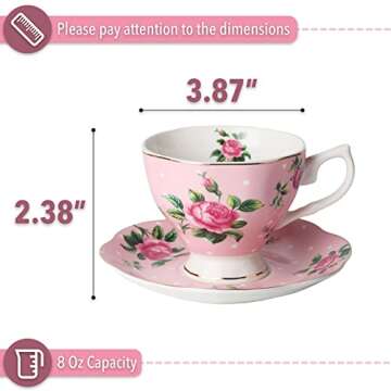 BTaT- Floral Tea Cups and Saucers, Set of 2, 8oz, with Gold Trim and Gift Box, Coffee Cups, Floral Tea Cup Set, British Tea Cups, Porcelain Tea Set, Tea Sets for Women