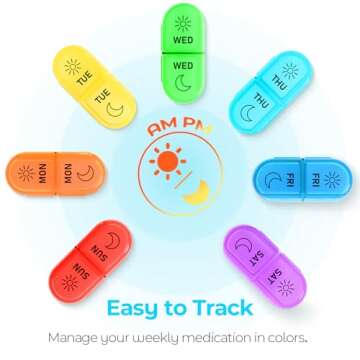Weekly Pill Organizer 2 Times a Day - AM PM Pill Organizer with 7 Daily Color-Coded Small Cases, Morning and Night Travel Pill Cases for Vitamins, Medicine, & Supplements