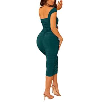 Halfword Sexy One Shoulder Midi Dress for Women Ruched Bodycon Drawstring Night Party Club Cocktail Dresses Green XL