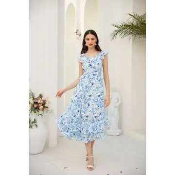 GRACE KARIN Women's 2024 Spring Sleeveless Boho Wedding Guest Ruffle V Neck A-Line Flowy Maxi Dresses Floral Blue L