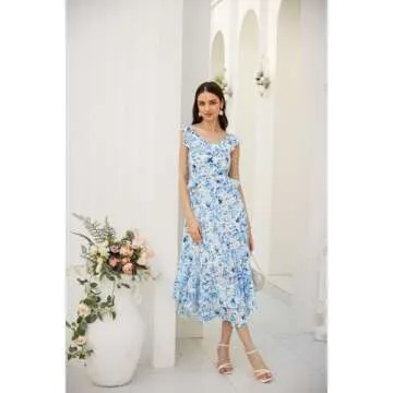 GRACE KARIN Women's 2024 Spring Sleeveless Boho Wedding Guest Ruffle V Neck A-Line Flowy Maxi Dresses Floral Blue L