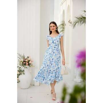 GRACE KARIN Women's 2024 Spring Sleeveless Boho Wedding Guest Ruffle V Neck A-Line Flowy Maxi Dresses Floral Blue L