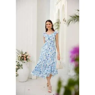 GRACE KARIN Women's 2024 Spring Sleeveless Boho Wedding Guest Ruffle V Neck A-Line Flowy Maxi Dresses Floral Blue L