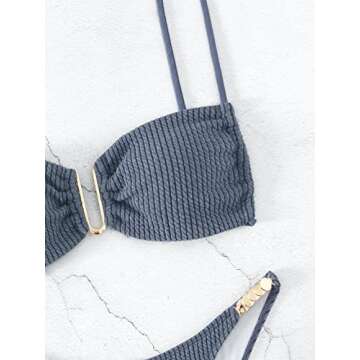 OYOANGLE Women's 2 Pieces Spaghetti Strap Ring Linked Ribbed High Cut Bikini Swimsuit Bathing Suit Dusty Blue XS