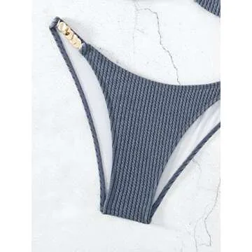 OYOANGLE Women's 2 Pieces Spaghetti Strap Ring Linked Ribbed High Cut Bikini Swimsuit Bathing Suit Dusty Blue XS