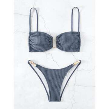 OYOANGLE Women's 2 Pieces Spaghetti Strap Ring Linked Ribbed High Cut Bikini Swimsuit Bathing Suit Dusty Blue XS