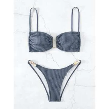 OYOANGLE Women's 2 Pieces Spaghetti Strap Ring Linked Ribbed High Cut Bikini Swimsuit Bathing Suit Dusty Blue XS