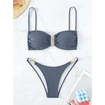 OYOANGLE Women's 2 Pieces Spaghetti Strap Ring Linked Ribbed High Cut Bikini Swimsuit Bathing Suit Dusty Blue XS