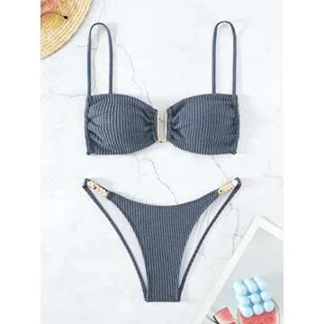 OYOANGLE Women's 2 Pieces Spaghetti Strap Ring Linked Ribbed High Cut Bikini Swimsuit Bathing Suit Dusty Blue XS