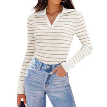 ZESICA Women's Long Sleeve V Neck Knit Tops Spring Striped Sweater Slim Fit Casual Basic Tee Tops,Ap...