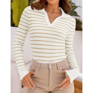 ZESICA Women's Long Sleeve V Neck Striped Sweater