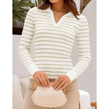 ZESICA Women's Long Sleeve V Neck Striped Sweater
