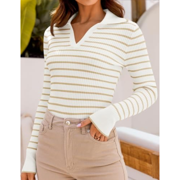 ZESICA Women's Long Sleeve V Neck Striped Sweater