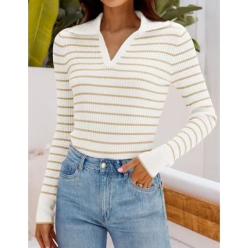 ZESICA Women's Long Sleeve V Neck Striped Sweater