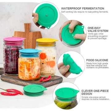 Sophico Silicone Fermenting Lids, Waterless Airlock Fermentation Tops Mason Jar Lid Fermenter Caps for Pickles, Kimchi, and Fermented Probiotic Food - 4 Pack, Wide Mouth (Jars Not Included)