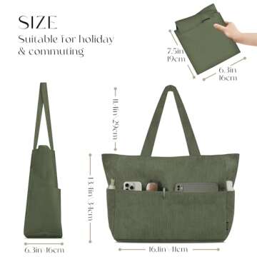HOMESPON Large Corduroy Tote Bag for Women Everyday Shoulder Bag with Pockets and Zipper for Work Tr...