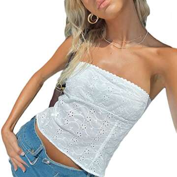 FSCONAGE Women Y2K Spaghetti Straps Backless Tank Top Sexy V Neck Tie Up Camisole Crop Top Summer Mini Vest E-Girl Streetwear F White