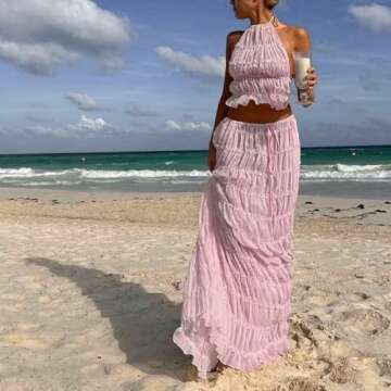 Women Y2K Skirt Set Sleeveless Crop Top Bodycon Midi Skirt Dress Sexy 2 Piece Mesh Outfits Summer (U...