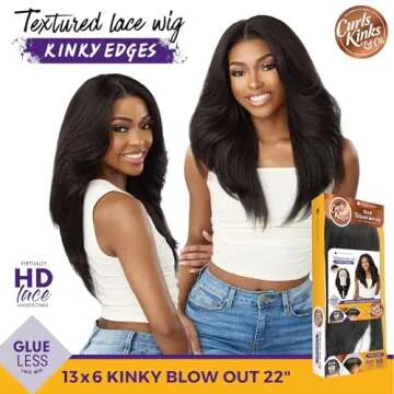 Sensationnel Curls kinksandco kinkyedges wig - kinky layered blow out 22 inch 13x6 lace frontal natural kinkytexture edged hairline for natural 3c to 4c hair textures (1 JETBLACK)