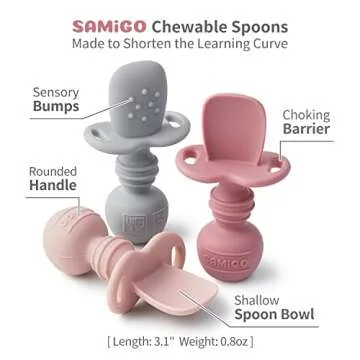 SAMiGO Silicone Baby Utensils - Self Feeding Spoons and Tiny Training Cup - First Stage Baby Led Weaning Supplies for 6 Months+ Infants - Set of 3