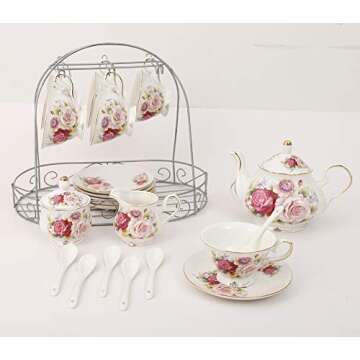 ufengke 15 Piece European Ceramic Tea Sets,Bone China Coffee Set with Metal Holder,Colorful Rose Painting Pumpkin Coffee Tea Pot